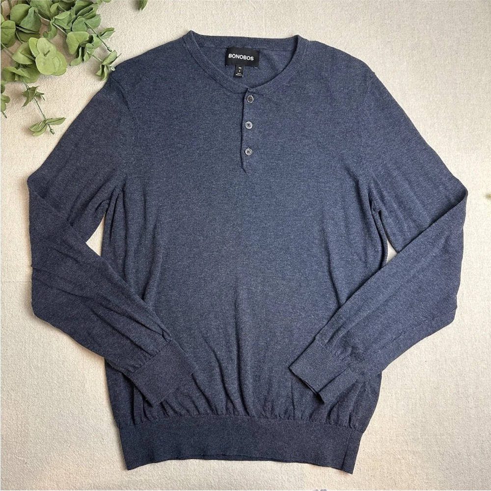 Bonobos Men's Size S 100% Cotton Henley Sweater Heather Navy Blue Slim Fit NWOT